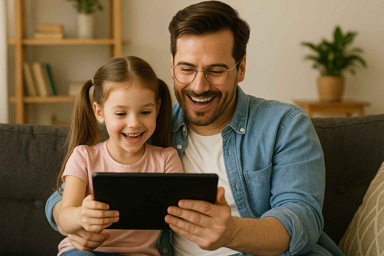 Ouder leest verhaaltje voor op tablet