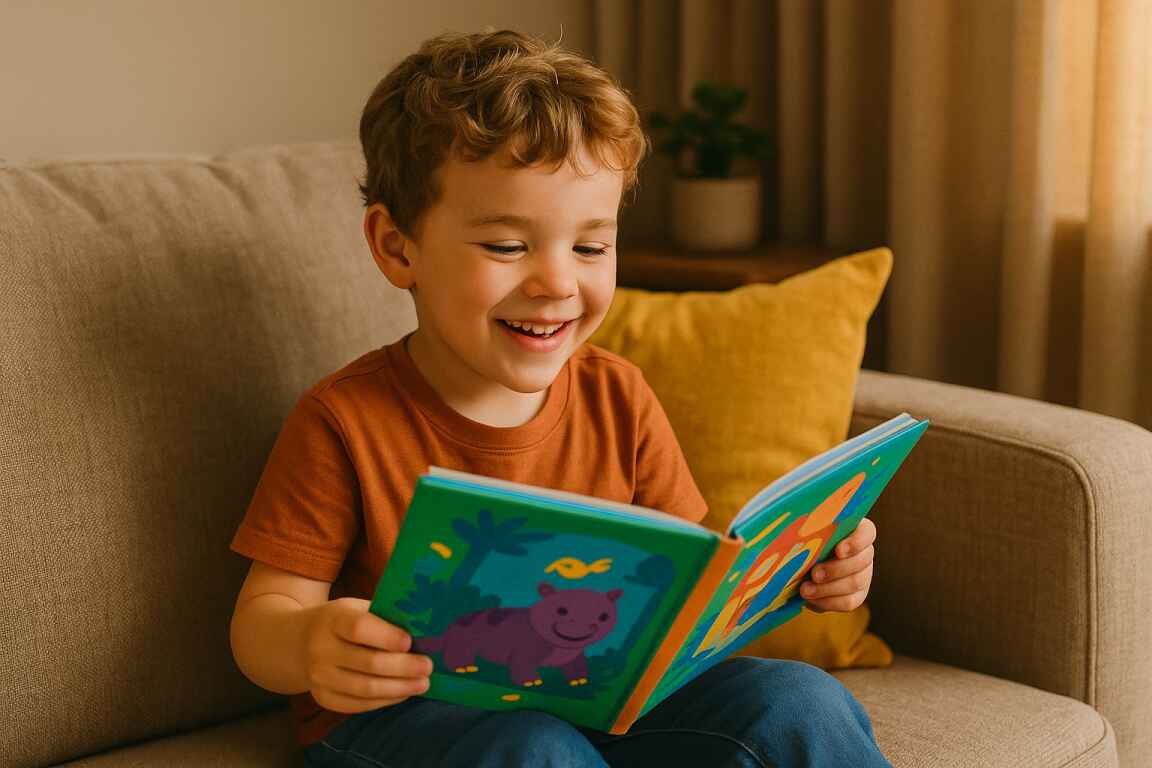 Een kind dat een boek leest op de bank
