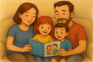 Gezin leest samen een gepersonaliseerd kinderboek